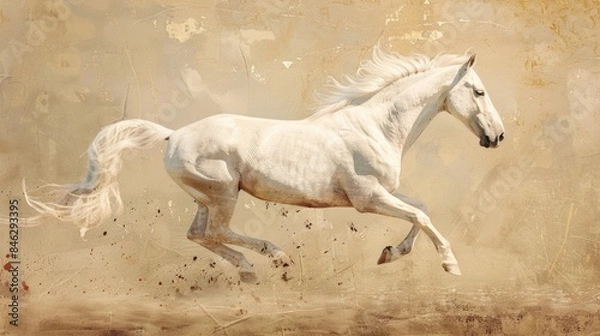 Fototapeta A white horse is running through a field of dirt