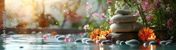 Fototapeta Serene spa scene with stacked stones, flowers, and candles by a tranquil water pool, perfect for relaxation and wellness concepts.