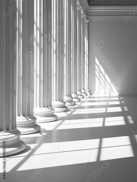 Fototapeta The image is a white and black photo of a long hallway with columns