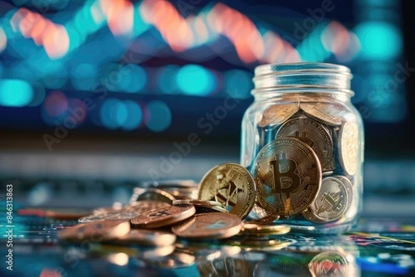 Fototapeta Glass jar with bitcoin coins on blurred background of monitor with color chart of rate change on cryptocurrency exchange. The concept of accumulation and saving of digital money.