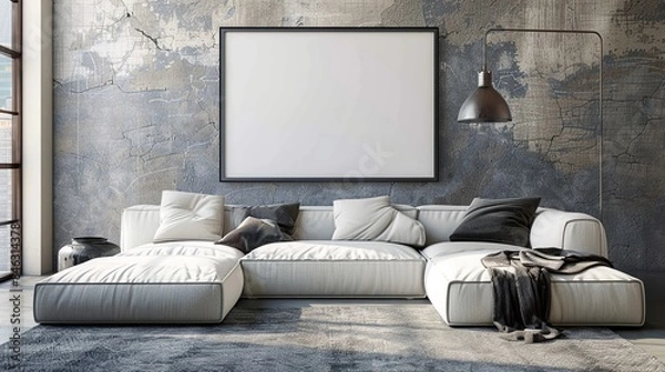 Fototapeta Large white sectional sofa becomes the center of the living room with white walls and empty photo frames accompanied by light coming in from the window