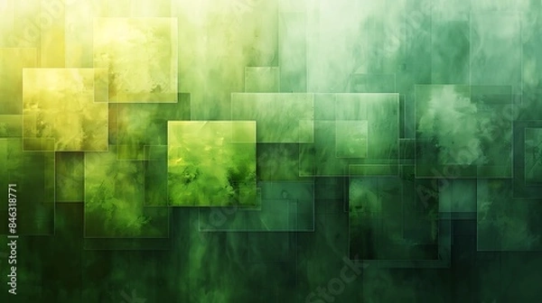 Fototapeta An abstract background with layered squares, transparency creating a multi-dimensional effect, shades of green and yellow, hd quality, digital art, elegant simplicity, geometric design.
