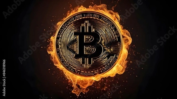 Obraz A round-shaped Bitcoin logo engulfed in flames