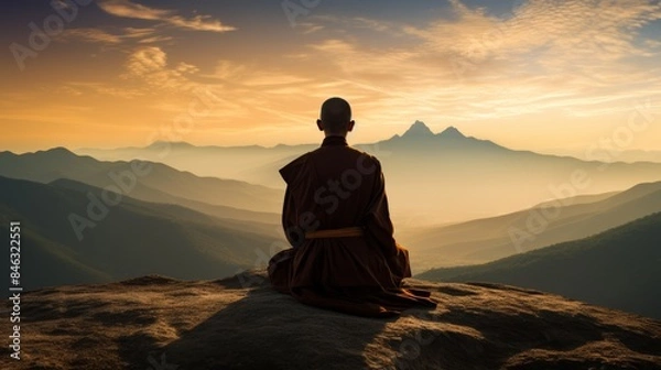 Fototapeta silhouette of a monk in a yoga pose doing Zen meditation on a high mountain peak at sunset. The monk is wearing robes and his head is shaved. 