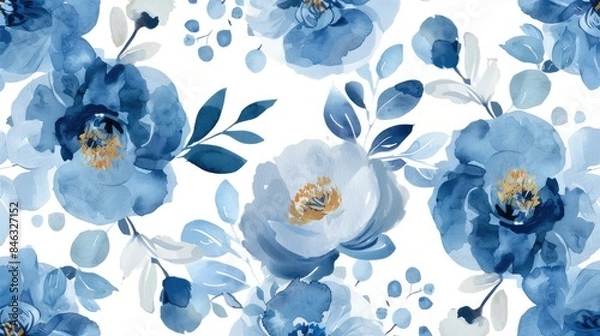 Fototapeta Watercolor peony in a seamless pattern with blue florals