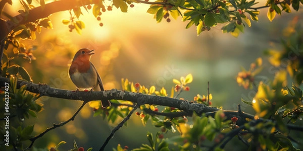 Fototapeta A robin bird in a tree singing song at sunrise
