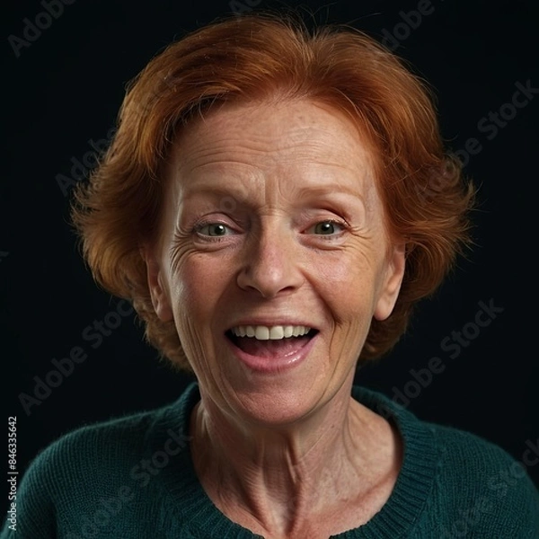 Obraz Фn older woman with red hair and fair skin. She smiles and looks directly into the camera. The woman is wearing a green sweater. The background of the photo is dark, which highlights the woman's face