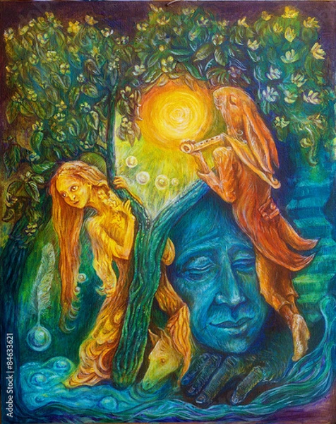 Fototapeta Golden fairy and a magic hare piper under an emerald tree
