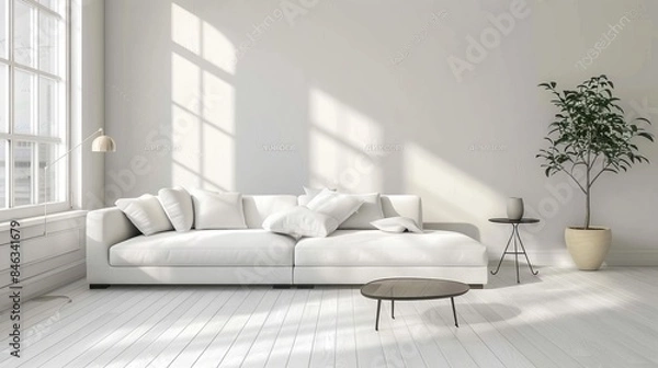 Fototapeta "Stock photo showcasing a nice minimalist living room adorned with modern furniture, creating a sleek and contemporary ambiance perfect for stylish living."