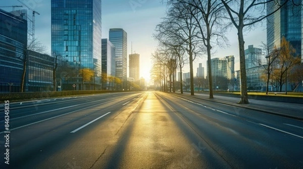 Fototapeta A deserted city highway at sunrise, with gleaming glass buildings on one side and a row of mature trees casting long shadows on the other, symbolizing the blend of nature and urban life.