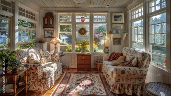 Fototapeta A sunroom with a cozy cottage vibe, decorated with vintage furniture, floral patterns, and sunlight casting a warm glow on the space