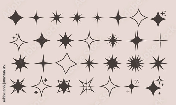 Fototapeta Retro futuristic sparkle icons collection. Set of star shapes. Abstract cool shine effect sign vector design. Templates for design, posters, projects, banners, logo, and business cards