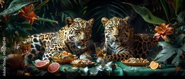 Fototapeta High-angle shot of leopards in a festive July setting, holiday decor mingling with bright summer elements, joyful and lively atmosphere, oil painting style
