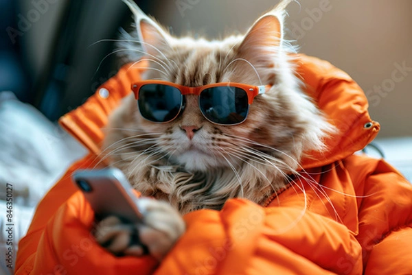 Obraz A comical cat wearing oversized glasses, cute adorable orange cat wears sunglasses also wearing a orange coat and using mobile phone 