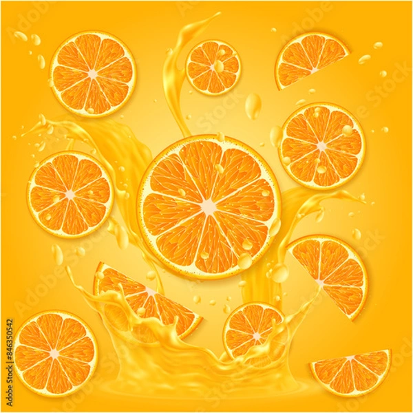 Fototapeta Fresh Orange Fruits with slice with Yellow Background Vector