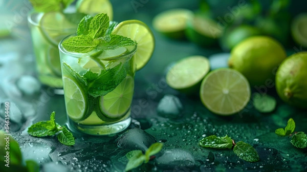 Fototapeta 
Close-up of a refreshing mojito with lime slices and mint leaves