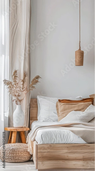 Fototapeta Modern hotel room with elegant bedding and stylish decor. Neutral tones, boho composition and use of natural light.