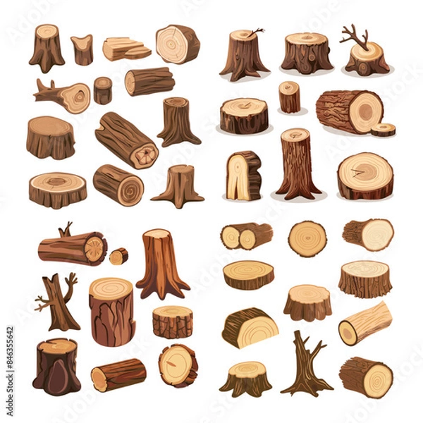 Fototapeta A set of vector graphics featuring various types and sizes of tree stumps and wood planks in the cartoon style