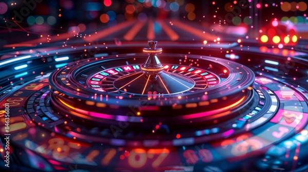 Fototapeta A colorful, glowing, and abstract image of a roulette wheel. The wheel is surrounded by a bright, colorful background, and the numbers are glowing in the foreground. Scene is energetic and exciting