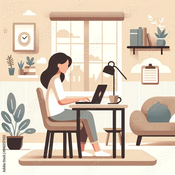 Obraz 在宅ワークをする女性のイラスト