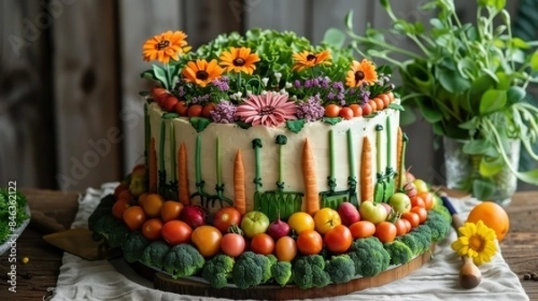 Fototapeta A cake with a garden theme made of vegetables and fruits