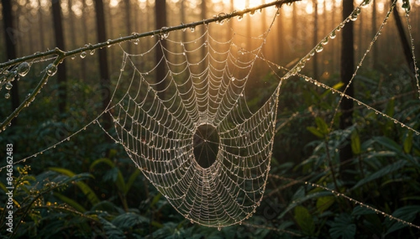Fototapeta A close-up of dew on a spider web at dawn in a forest.	
