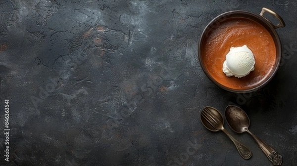 Fototapeta  A bowl of soup topped with a scoop of ice cream Two spoons nearby