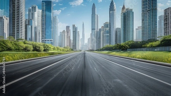 Fototapeta An empty highway road stretching through a city, with towering modern skyscrapers on one side and a lush green park on the other, creating a contrast between urban and natural landscapes.
