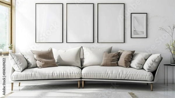 Obraz Curved loveseat sofa against white wall with frames. Scandinavian home interior design of modern living room.