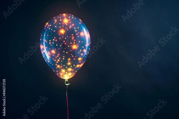 Obraz A single balloon filled with tiny LED lights, glowing softly in various colors against a dark navy blue background.