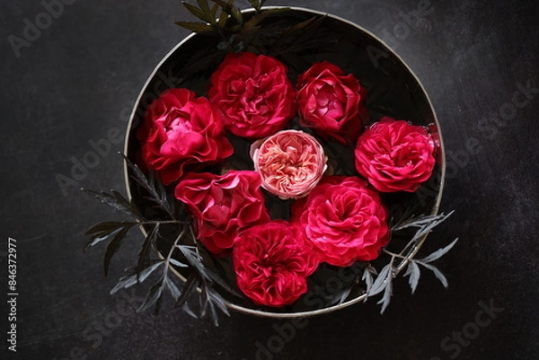 Fototapeta red roses Bouquet Arrangement in a silver Bowl with Black background
