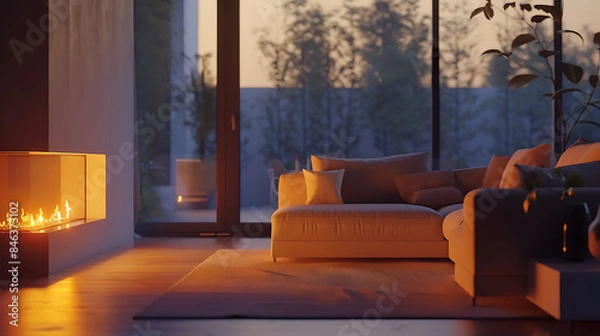 Obraz A sleek living room with a comfortable modern sofa and a glowing fire, captured in HD quality