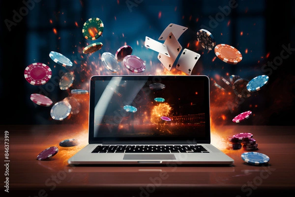 Obraz Motion blur photo of create online casino landscape poster, in dark background with casino elements