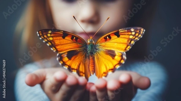 Fototapeta  A tight shot of someone delicately holding a butterfly before a camera In the backdrop, a vaguely discernible image of a woman's face, slightly blurred