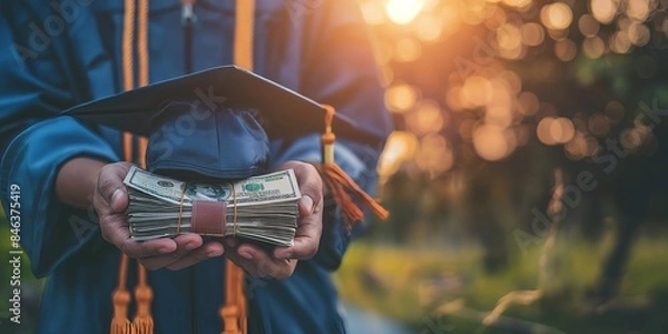 Fototapeta A graduate in a cap and gown holds a stack of cash, symbolizing scholarship, tuition support, or student loan aid. The image is set outdoors in a warm, glowing environment.