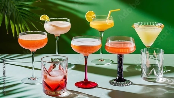 Fototapeta Alcoholic beverages summer cocktail party multicolored low alcohol drink glasses set green background hard light shadow pattern