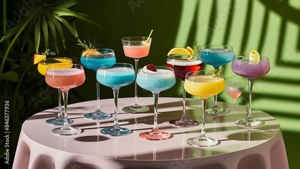 Fototapeta Alcoholic beverages summer cocktail party multicolored low alcohol drink glasses set green background hard light shadow pattern