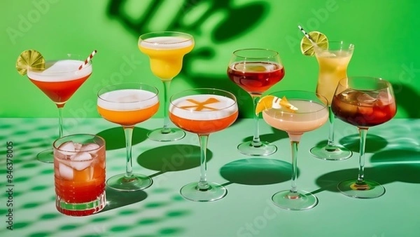 Fototapeta Alcoholic beverages summer cocktail party multicolored low alcohol drink glasses set green background hard light shadow pattern