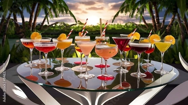 Fototapeta Alcoholic beverages summer cocktail party multicolored low alcohol drink glasses set green background hard light shadow pattern