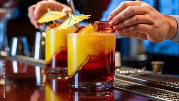 Fototapeta Close up of a bright yellow and red cocktail standing on a bar counter