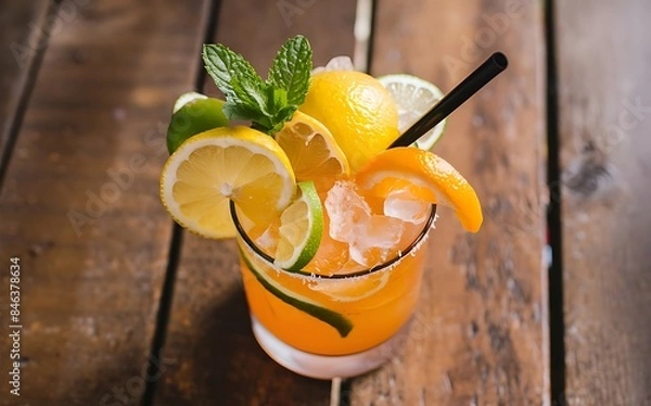 Fototapeta Refreshing summer alcoholic cocktail with crushed ice and citrus fruits