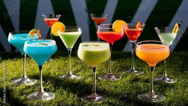 Fototapeta Alcoholic beverages summer cocktail party multicolored low alcohol drink glasses set green background hard light shadow pattern