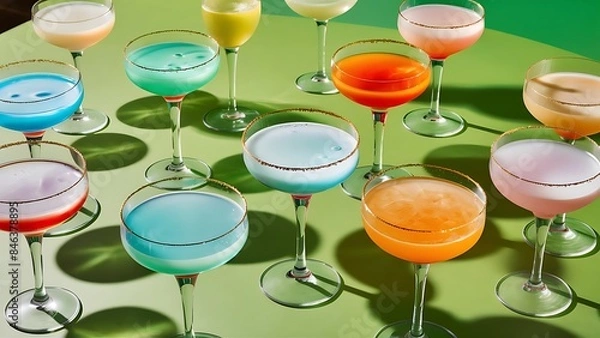 Fototapeta Alcoholic beverages summer cocktail party multicolored low alcohol drink glasses set green background hard light shadow pattern