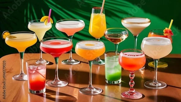 Fototapeta Alcoholic beverages summer cocktail party multicolored low alcohol drink glasses set green background hard light shadow pattern