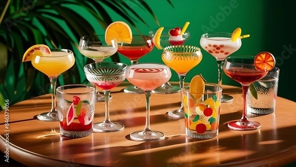 Fototapeta Alcoholic beverages summer cocktail party multicolored low alcohol drink glasses set green background hard light shadow pattern