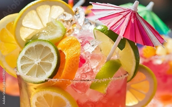 Fototapeta Refreshing summer alcoholic cocktail with crushed ice and citrus fruits