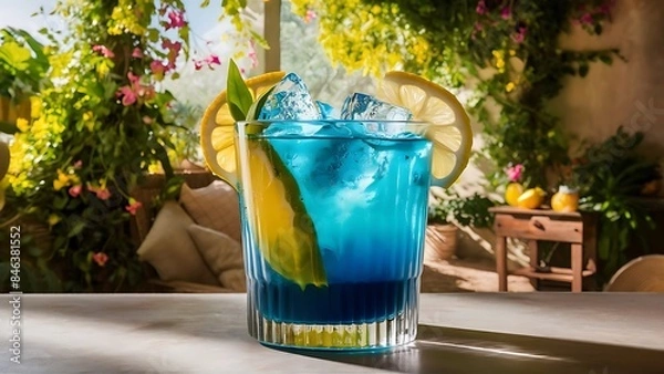 Fototapeta Butterfly pea with lemon juice on ice in transparent glass with summer garden background