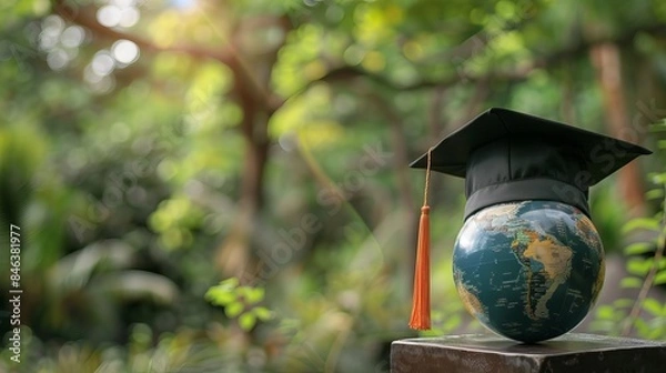 Fototapeta A graduation cap adorned with an Earth globe, symbolizing the concept of global business study, abroad education, and Back to School themes.