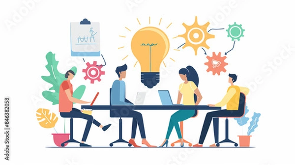 Fototapeta Startup Team Engaging in a High-Energy Brainstorming Session in a Dynamic Workspace, Fostering Creative and Innovative Ideas