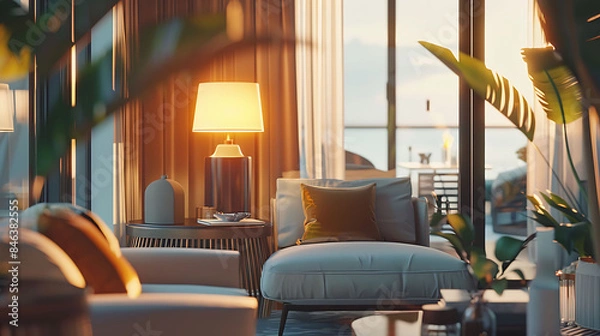 Obraz A stylish condo interior featuring open-plan living spaces and upscale furnishings, captured in high definition